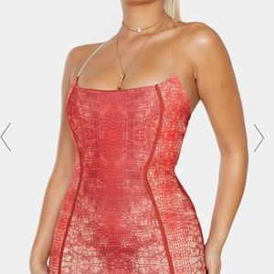 RED SNAKE PRINT BINDED DETAIL CLEAR STRAP BODYCON DRESS PLT